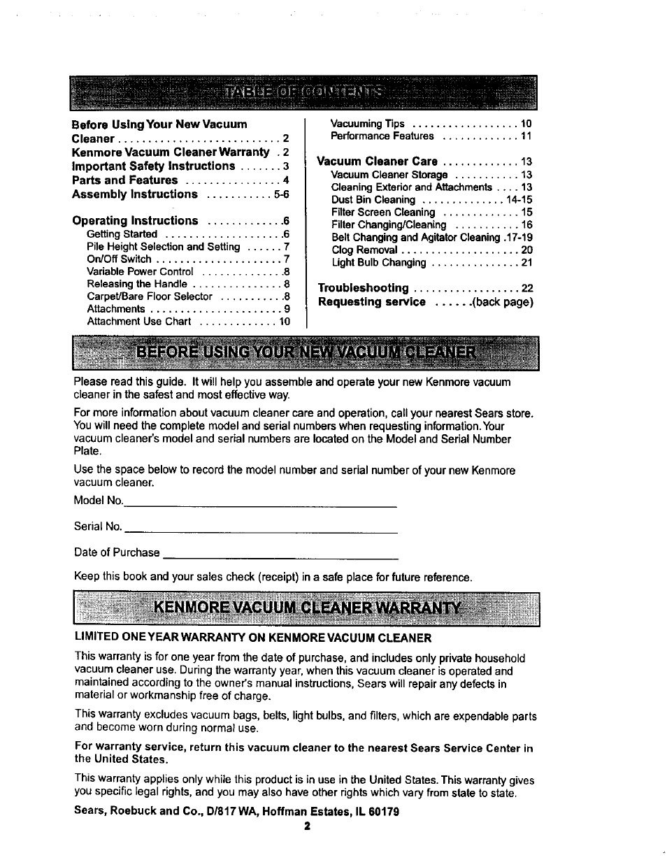 Before using yo, Kenmore vacuum cleaner warranty | Kenmore ASPIRADORA 116.34728 User Manual | Page 2 / 44