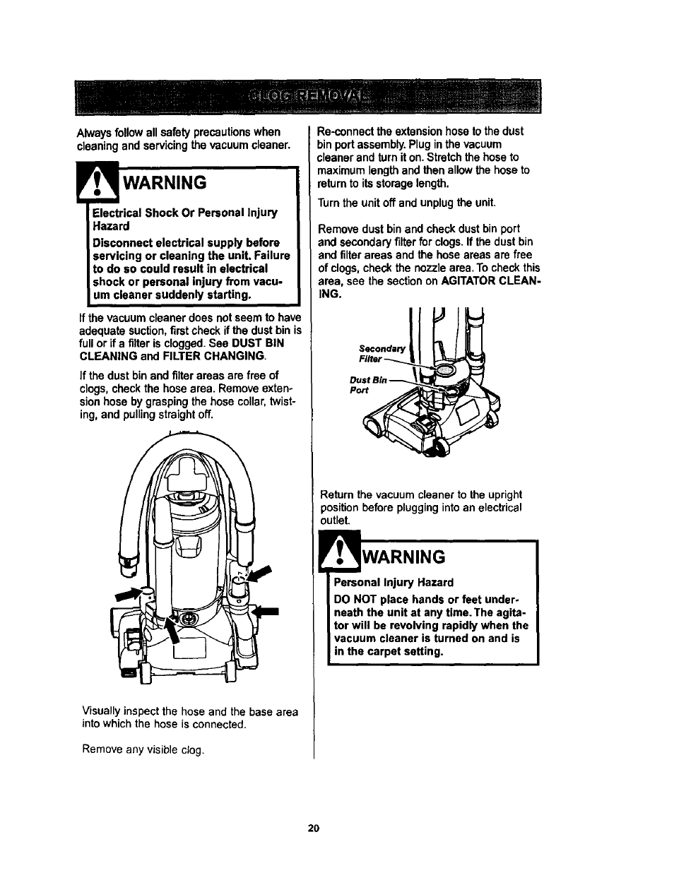 Warning | Kenmore ASPIRADORA 116.34728 User Manual | Page 20 / 44