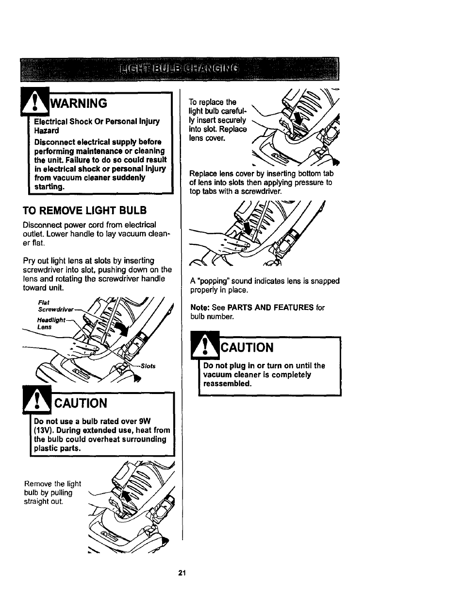 Warning, To remove light bulb, Caution | Kenmore ASPIRADORA 116.34728 User Manual | Page 21 / 44