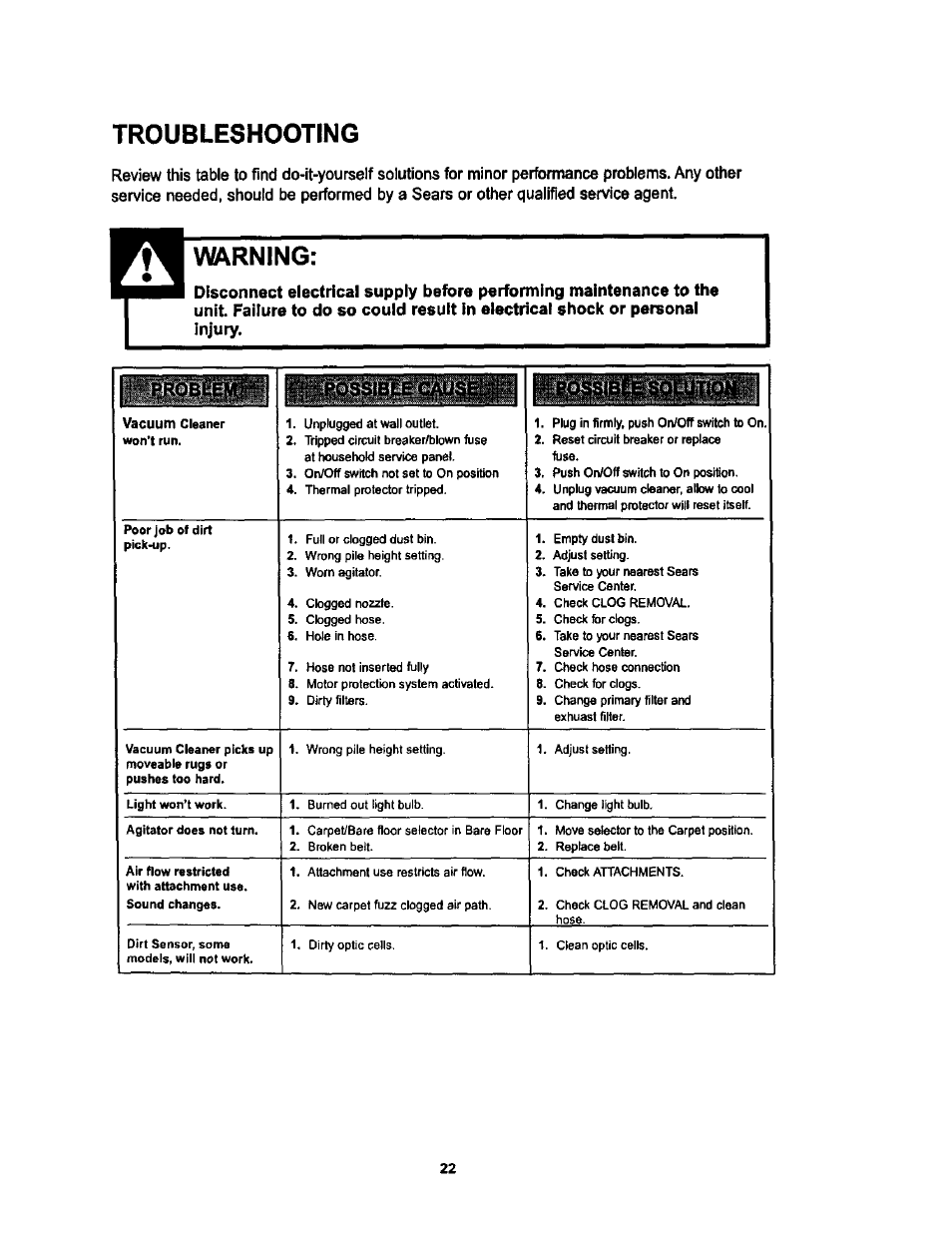 Troubleshooting, A^rning | Kenmore ASPIRADORA 116.34728 User Manual | Page 22 / 44