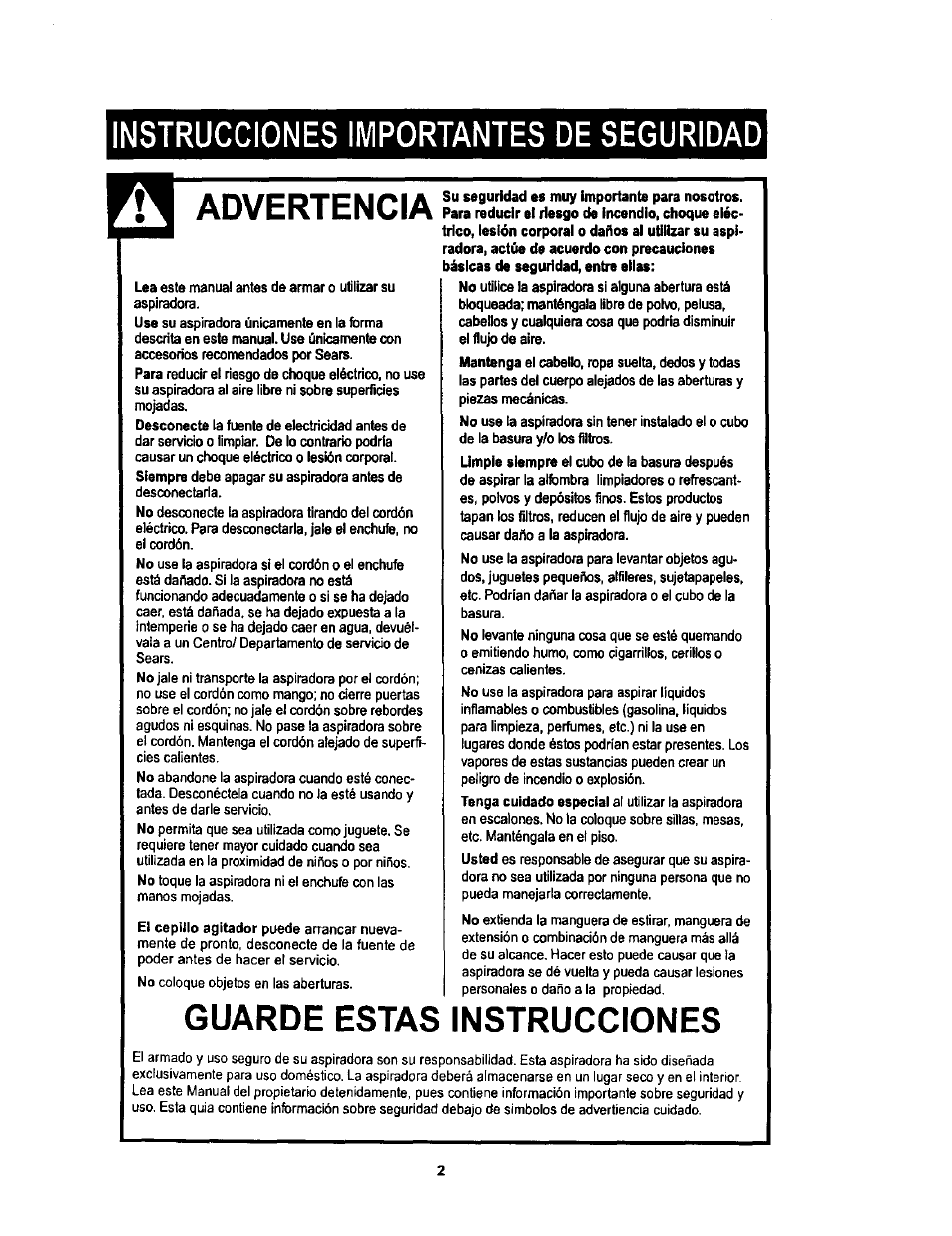 Instrucciones importantes de seguridad, Advertencia, Guarde estas instrucciones | Kenmore ASPIRADORA 116.34728 User Manual | Page 24 / 44