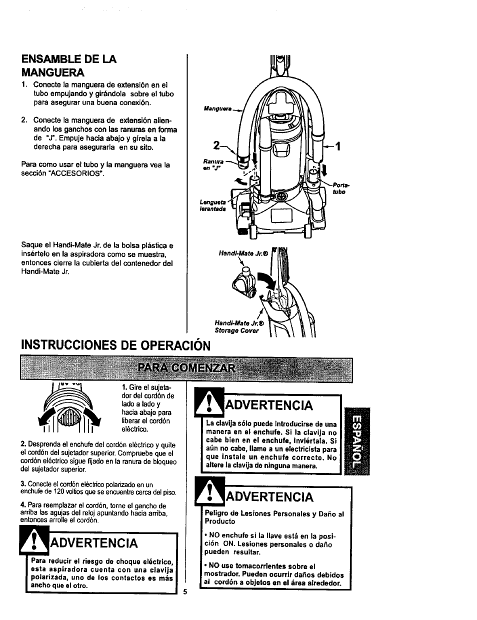 Ensamble de la manguera, Advertencia, Instrucciones de operación | Kenmore ASPIRADORA 116.34728 User Manual | Page 27 / 44