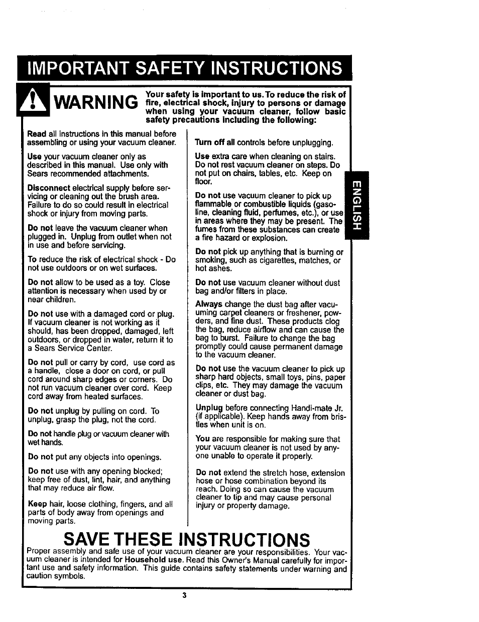 Important safety instructions, Save these instructions | Kenmore ASPIRADORA 116.34728 User Manual | Page 3 / 44