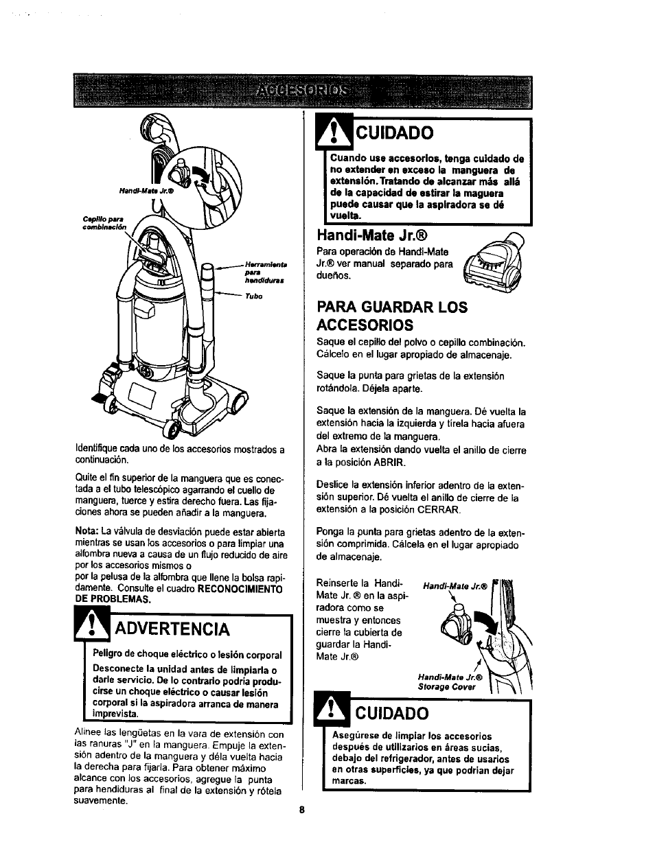 Advertencia, Cuidado, Handi-mate jr | Para guardar los accesorios | Kenmore ASPIRADORA 116.34728 User Manual | Page 30 / 44