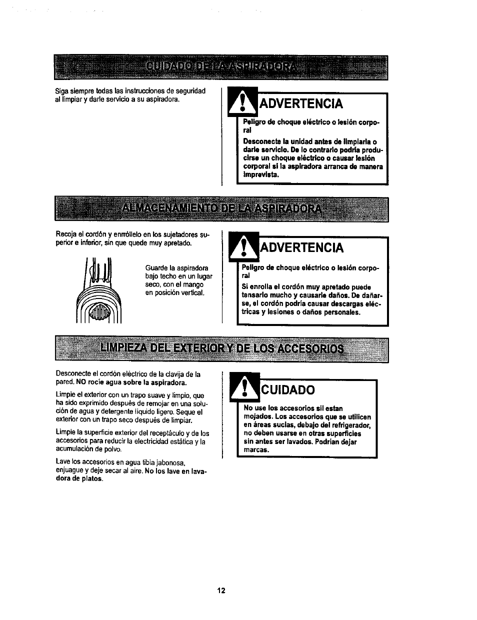 Advertencia, Cuidado | Kenmore ASPIRADORA 116.34728 User Manual | Page 34 / 44