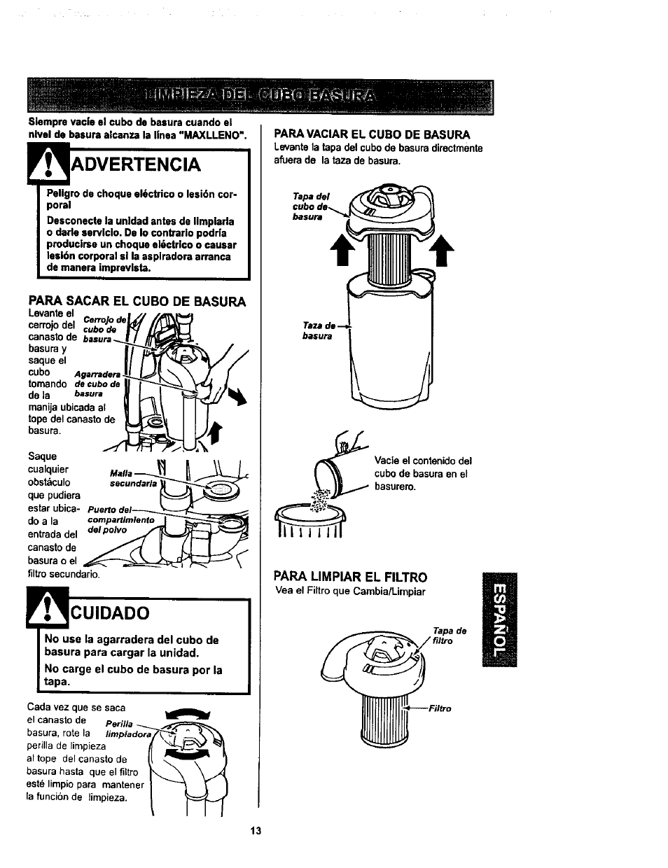 Advertencia, Cuidado | Kenmore ASPIRADORA 116.34728 User Manual | Page 35 / 44