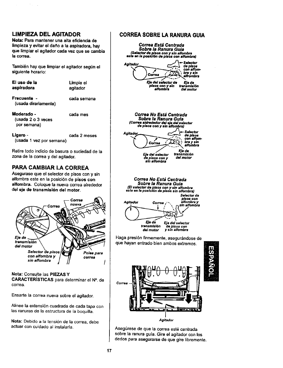 Limpieza del agitador, Para cambiar la correa, Correa sobre la ranura guia | Kenmore ASPIRADORA 116.34728 User Manual | Page 39 / 44