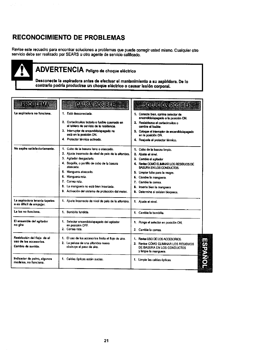 Reconocimiento de problemas, Advertencia | Kenmore ASPIRADORA 116.34728 User Manual | Page 43 / 44