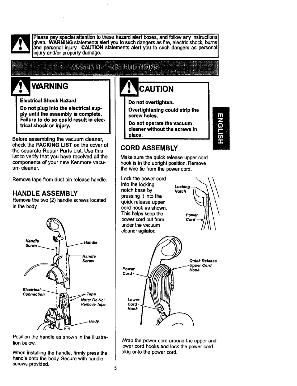 Mrning, Handle assembly, Caution | Cord assembly | Kenmore ASPIRADORA 116.34728 User Manual | Page 5 / 44