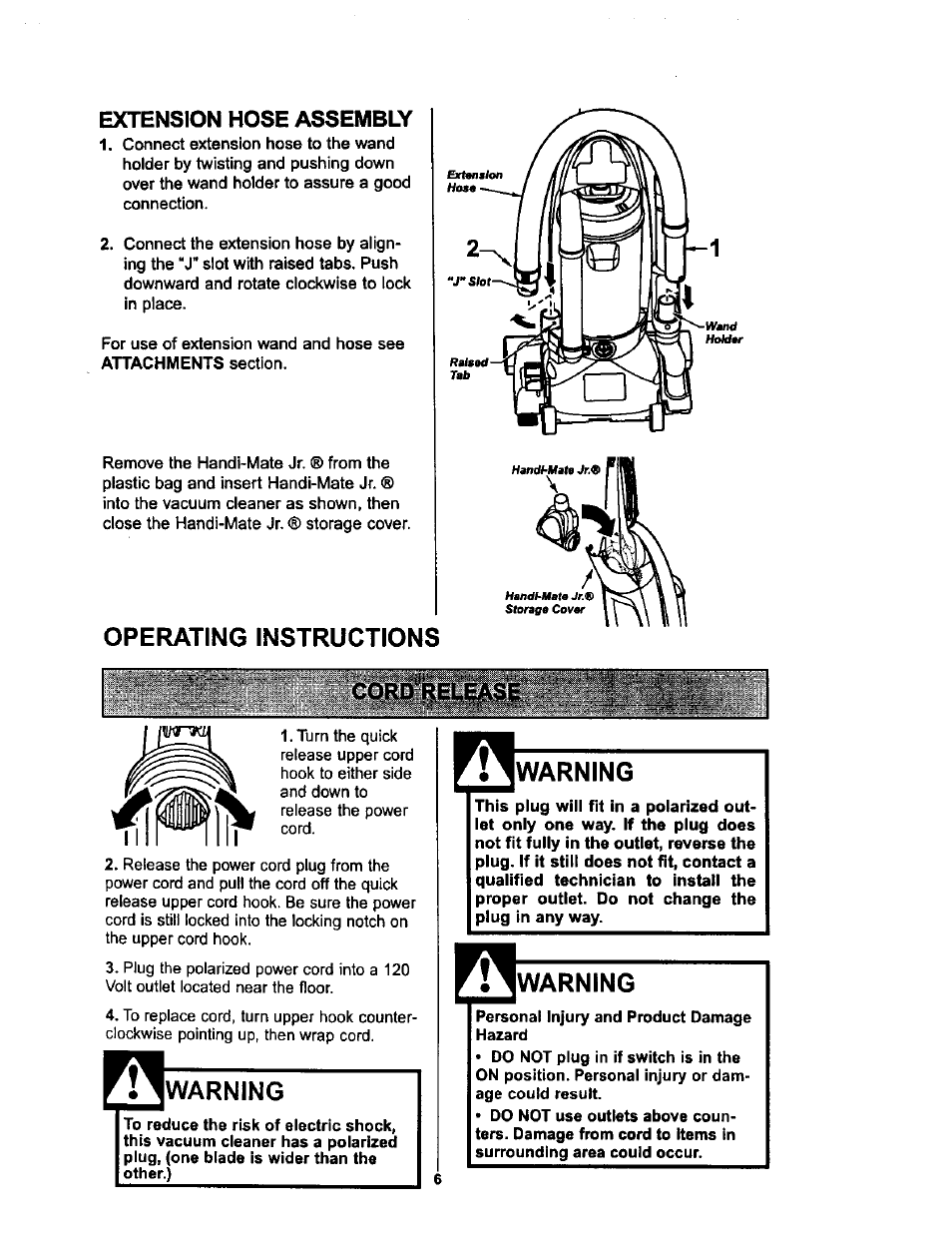 Extension hose assembly, Operating instructions, Warning | Kenmore ASPIRADORA 116.34728 User Manual | Page 6 / 44