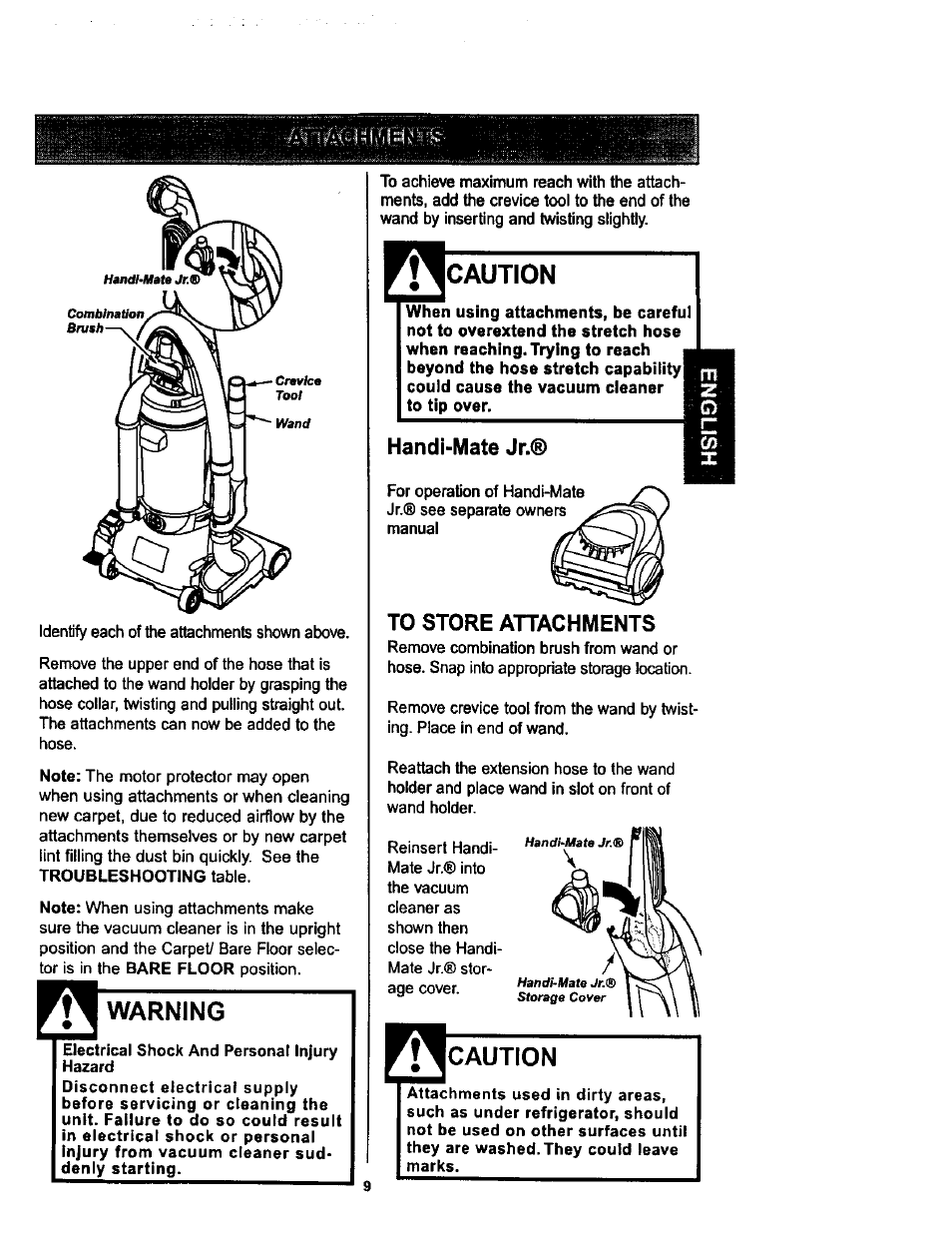 Handi-mate jr, To store attachments, Warning | Caution | Kenmore ASPIRADORA 116.34728 User Manual | Page 9 / 44