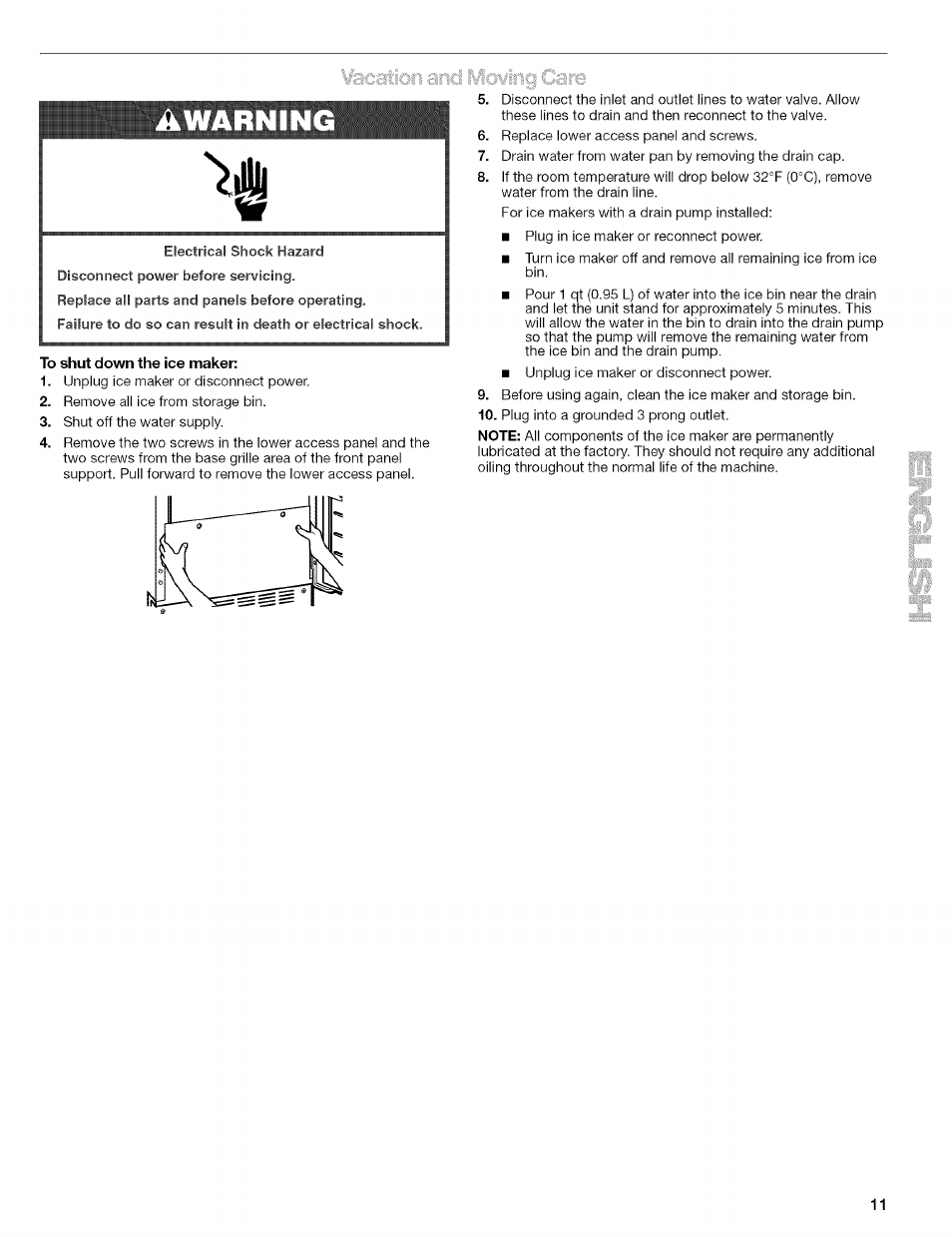 A warning, To shut down the ice maker | Kenmore 10689489997 User Manual | Page 11 / 40