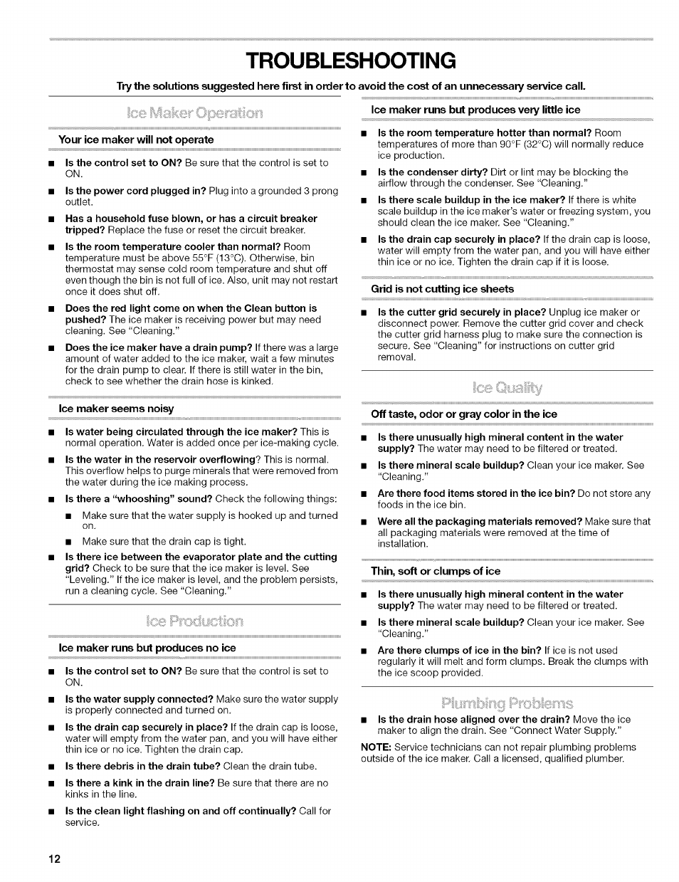 Troubleshooting, Ice maker runs but produces very little ice, Is the room temperature hotter than normal? room | Ice maker seems noisy, Ice maker runs but produces no ice, Off taste, odor or gray color in the ice, Thin, soft or clumps of ice | Kenmore 10689489997 User Manual | Page 12 / 40