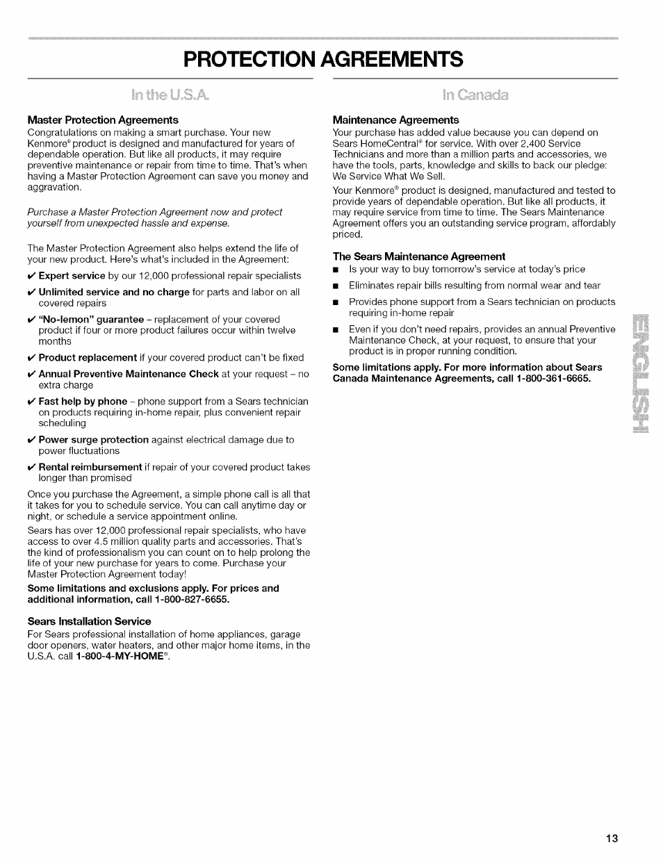 Protection agreements, Master protection agreements, Sears installation service | Maintenance agreements, The sears maintenance agreement | Kenmore 10689489997 User Manual | Page 13 / 40