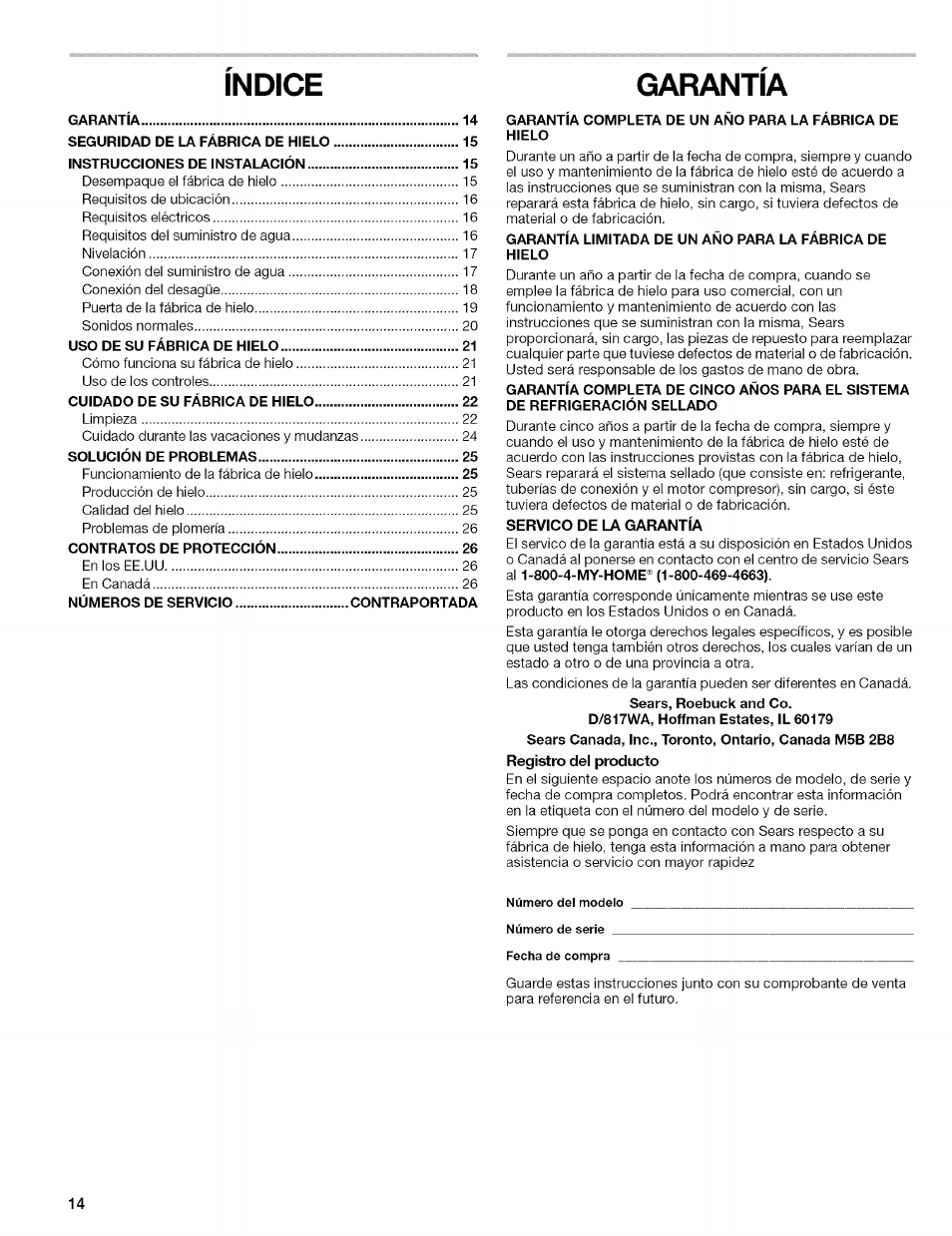 Garantia, Indice garantia | Kenmore 10689489997 User Manual | Page 14 / 40