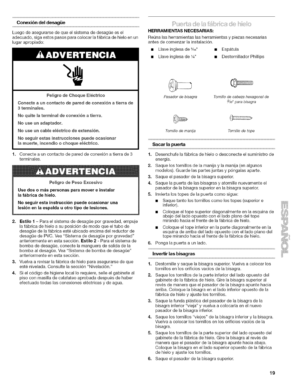 Conexión del desagüe, Aadvertenci, Herramientas necesarias | Sacar la puerta, Invertir las bisagras, Advertencia | Kenmore 10689489997 User Manual | Page 19 / 40