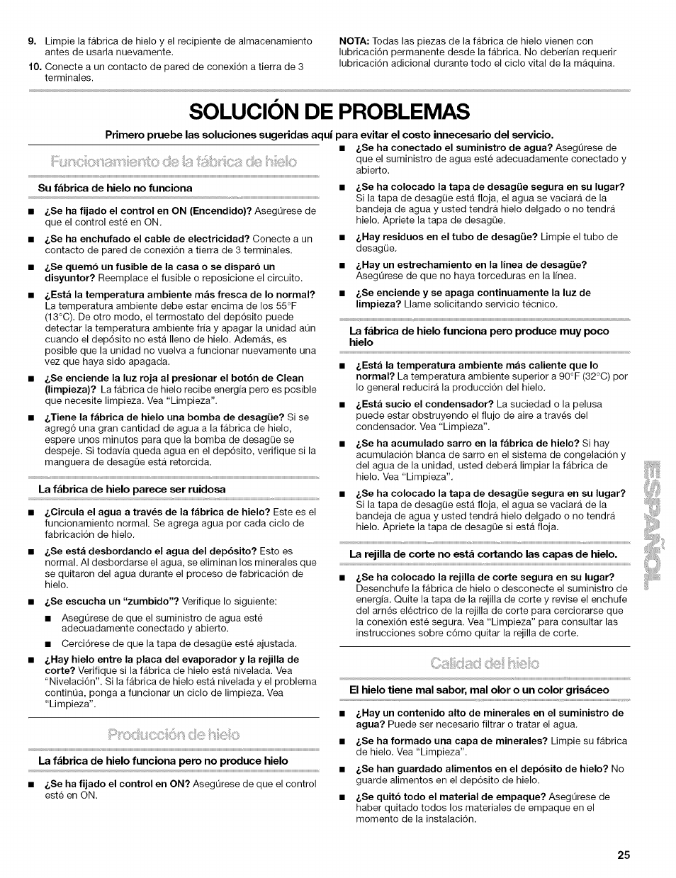 Solucion de problemas, Su fábrica de hielo no funciona, La fábrica de hieio parece ser ruidosa | La fábrica de hielo funciona pero no produce hieio, Solución de problemas | Kenmore 10689489997 User Manual | Page 25 / 40