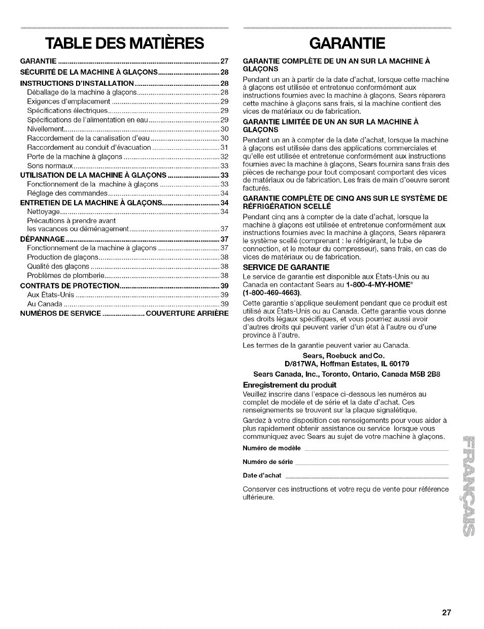 Table des matieres, Table des matieres garantie | Kenmore 10689489997 User Manual | Page 27 / 40