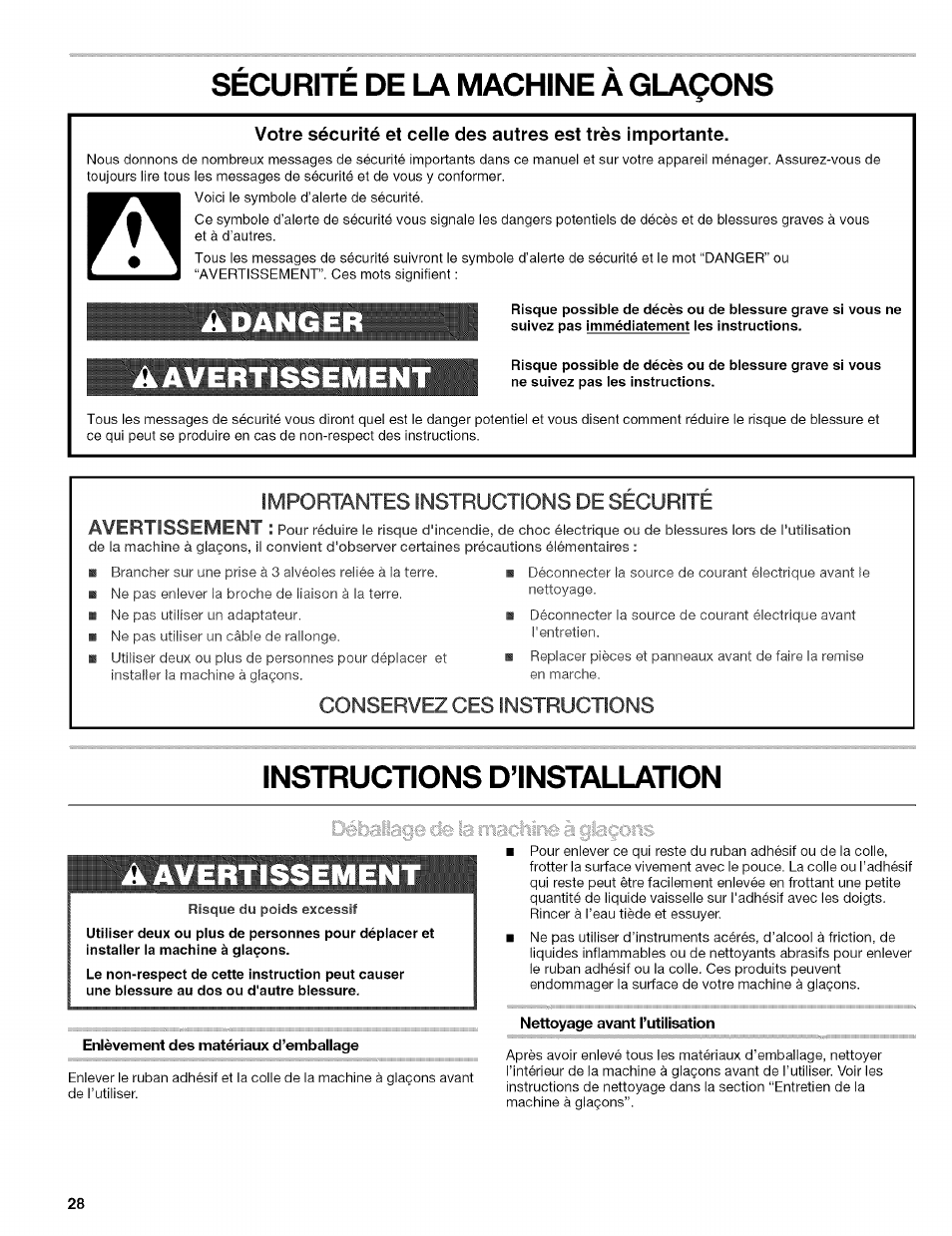 Securite de la machine a glaçons, Adanger, Aavertissem | Instructions d’installation, Avertissement, Enlèvement des matériaux d’emballage, Nettoyage avant rutilisation, Sécurité de la machine à glaçons, Conservez ces instructions | Kenmore 10689489997 User Manual | Page 28 / 40