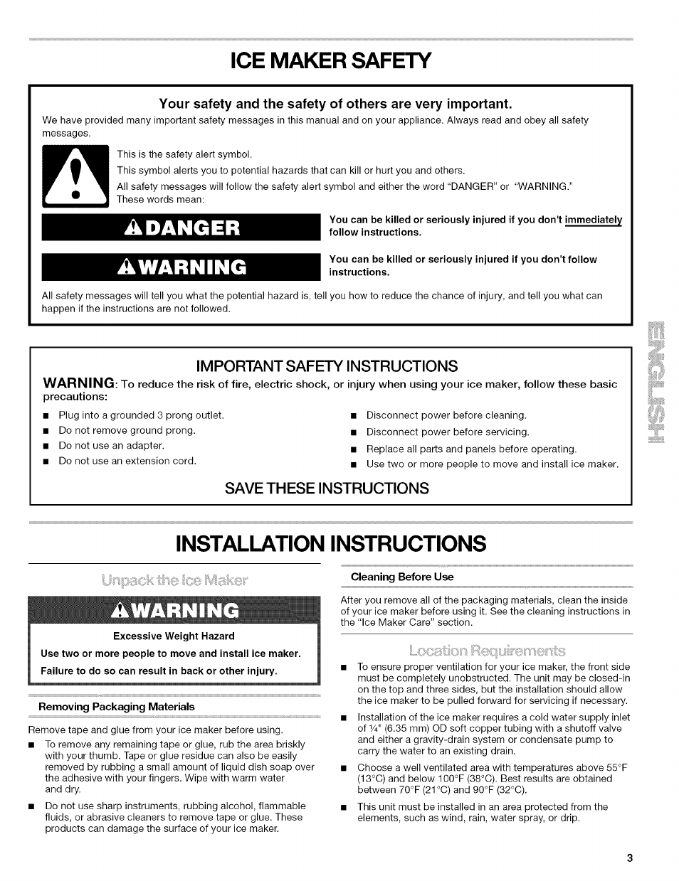 Ice maker safety, Adanger, Awarning | Installation instructions, Ikwarning, Removing packaging materials, Cleaning before use, Adanger awarning, Important safety instructions, Save these instructions | Kenmore 10689489997 User Manual | Page 3 / 40