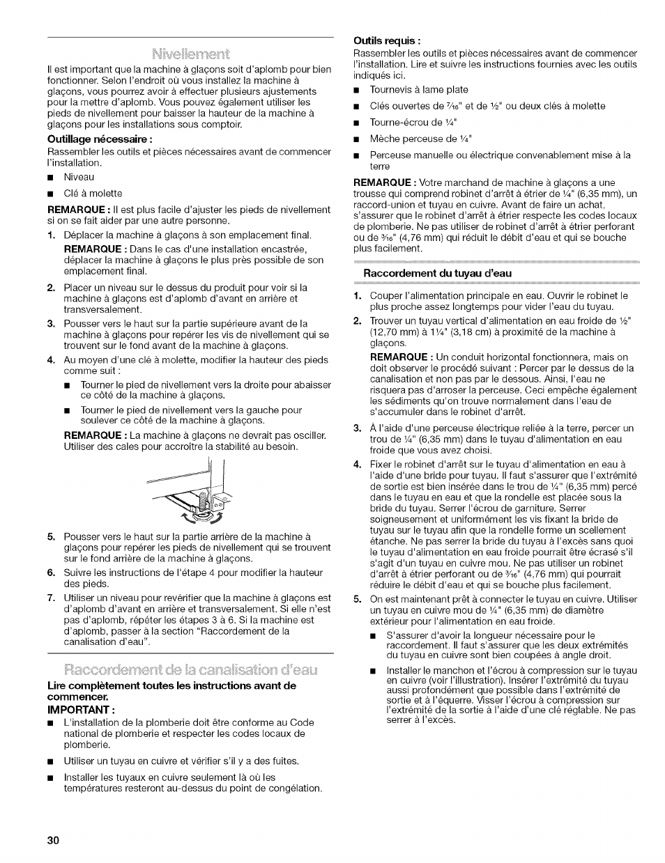 Lire complètement toutes les instructions avant de, Important, Outils requis | Raccordement du tuyau d’eau | Kenmore 10689489997 User Manual | Page 30 / 40