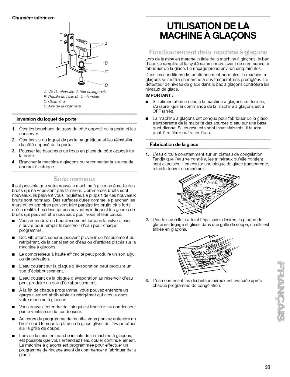 Charnière inférieure, Inversion du ioquet de porte, Utilisation de la machine à glaçons | Important, Fabrication de la glace, Porte de la machine à glaçons | Kenmore 10689489997 User Manual | Page 33 / 40