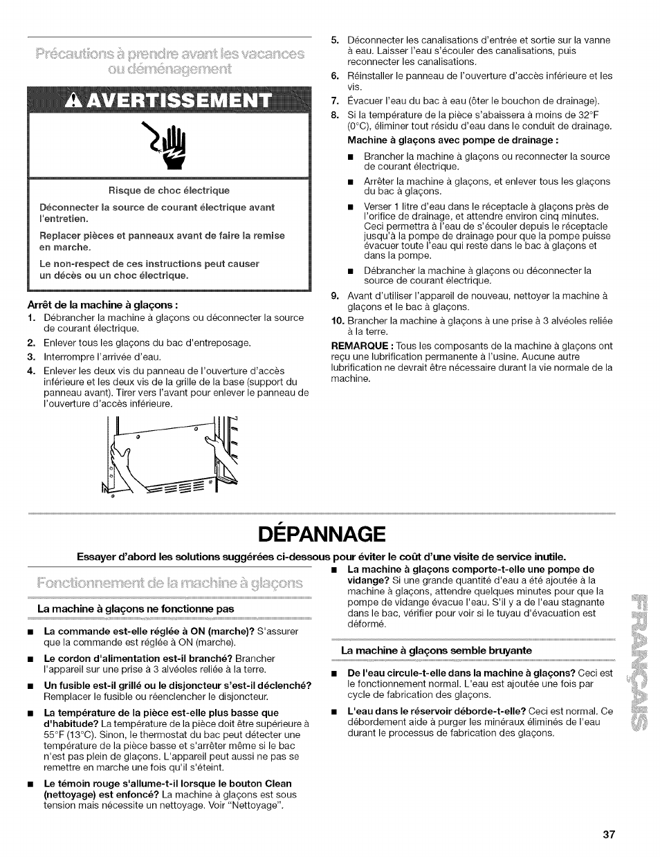 A avertissement, Arrêt de la machine à glaçons, La machine à glaçons ne fonctionne pas | La machine à glaçons semble bruyante, Déballage de la machine à glaçons, Depannage, A avertissement j | Kenmore 10689489997 User Manual | Page 37 / 40