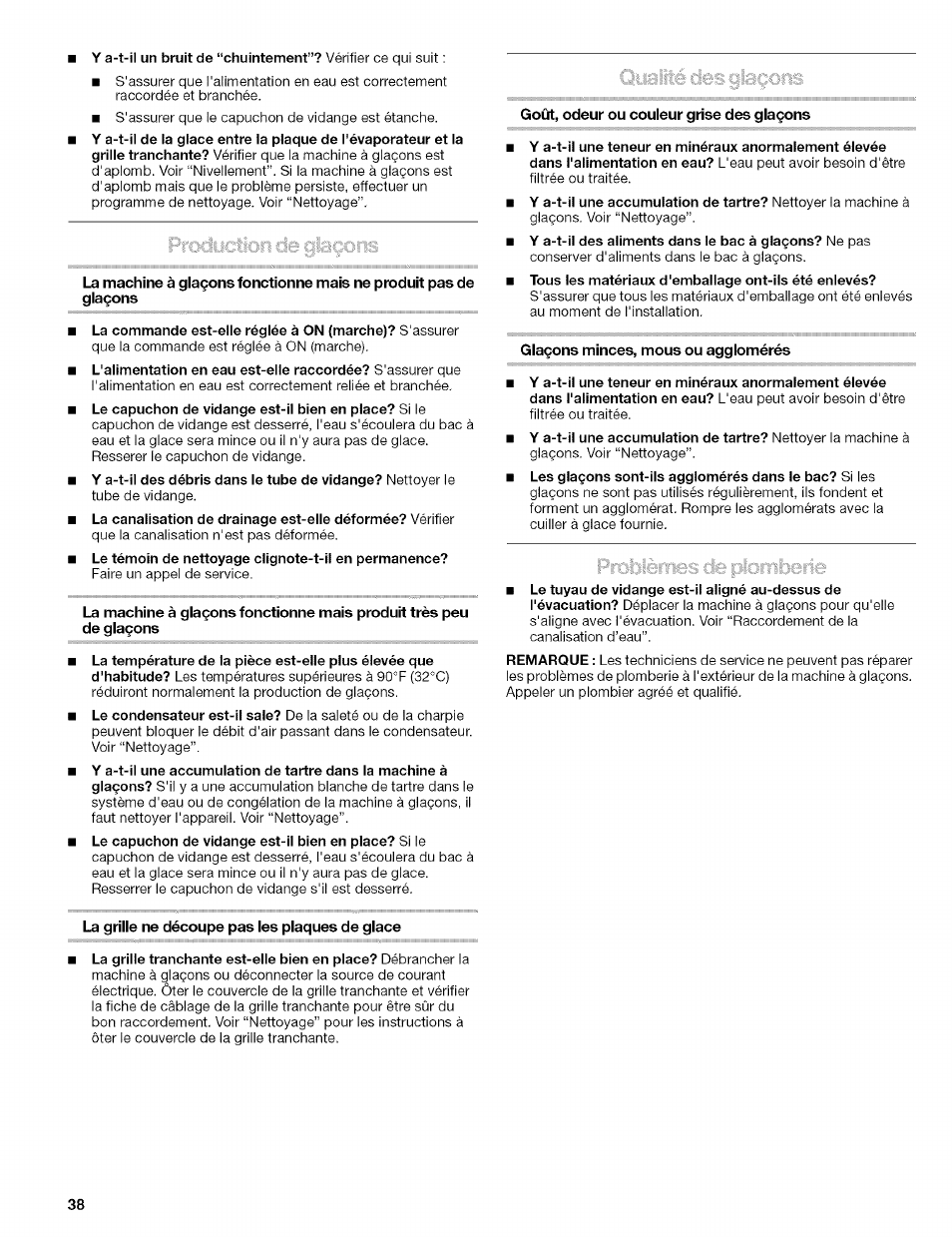 La grille ne découpe pas les plaques de glace, Goût, odeur ou couleur grise des glaçons, Glaçons minces, mous ou agglomérés | Kenmore 10689489997 User Manual | Page 38 / 40