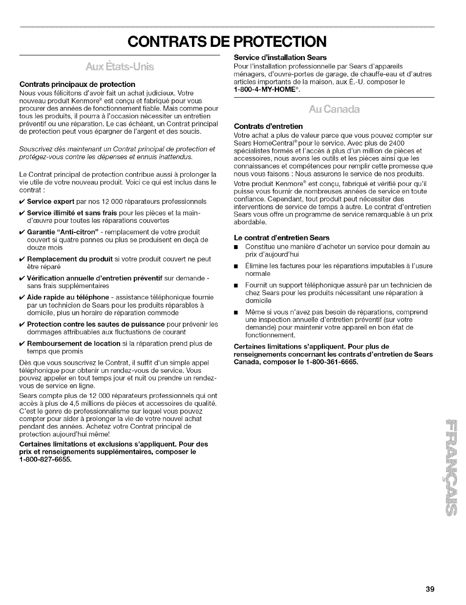 Contrats de protection, Contrats principaux de protection, Service d’installation sears | Contrats d’entretien, Le contrat d’entretien sears | Kenmore 10689489997 User Manual | Page 39 / 40