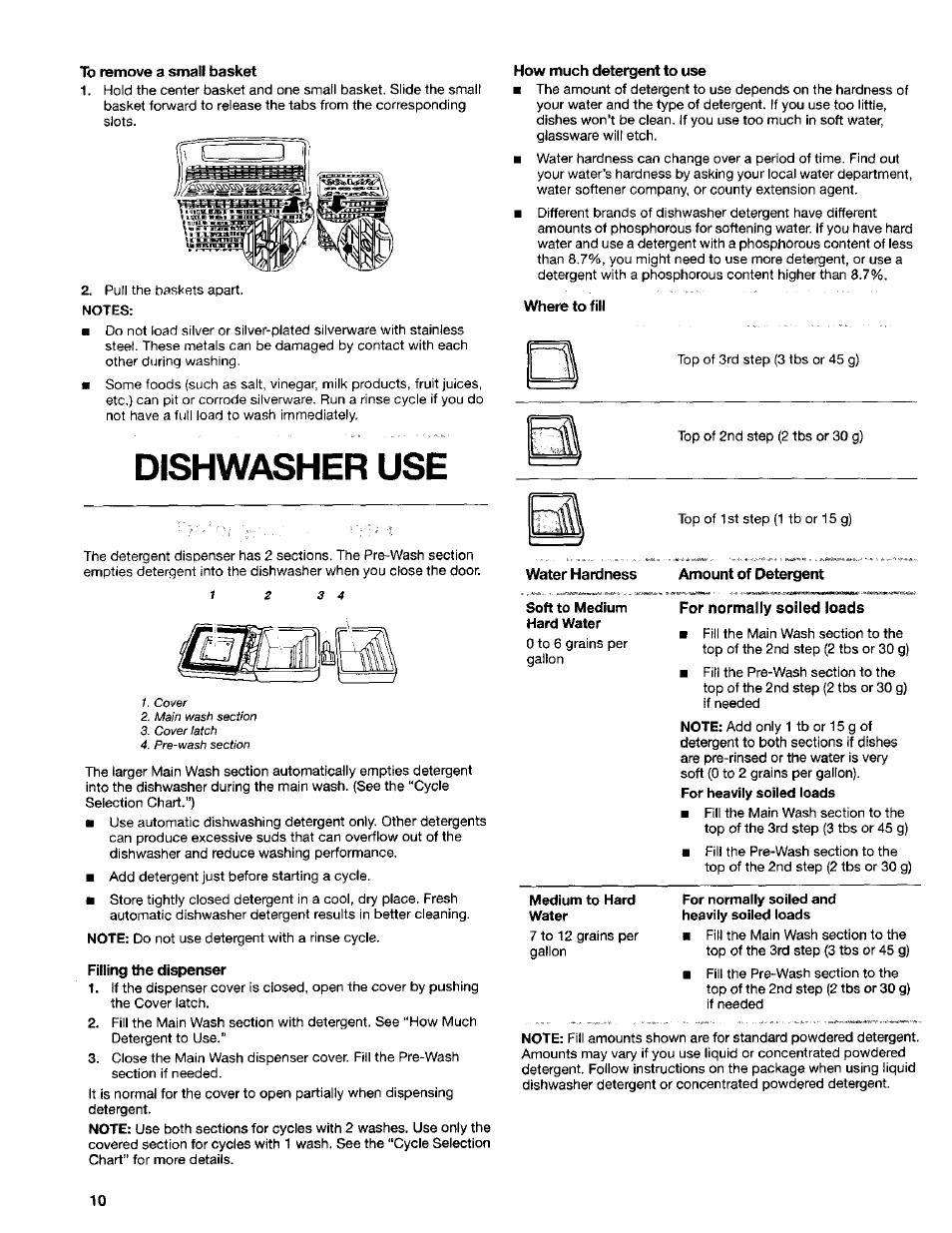 To remove a small basket, Fining the dispenser, How much detergent to use | Where to fill, Water hardness, For normally soiled loads, Dishwasher use | Kenmore 665.15622 User Manual | Page 10 / 19