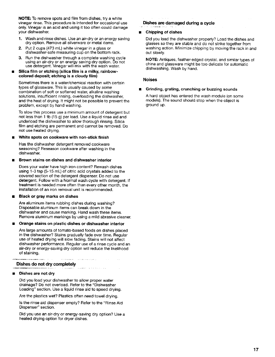 Dishes are damaged during a cycle, Noises, Dishes do not dry completely | Kenmore 665.15622 User Manual | Page 17 / 19