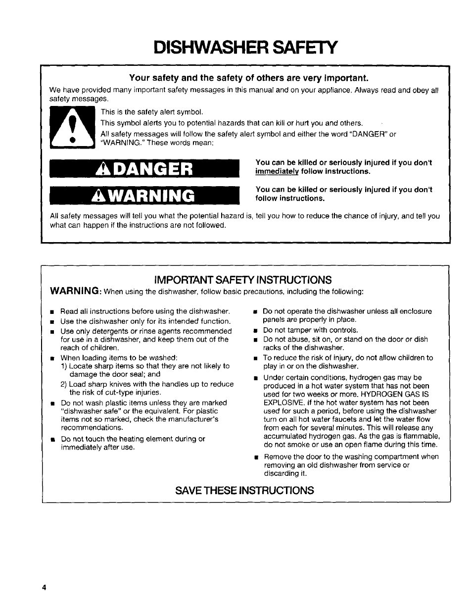 Important safety instructions, Save these instructions, Dishwasher safety | Adanger awarning | Kenmore 665.15622 User Manual | Page 4 / 19