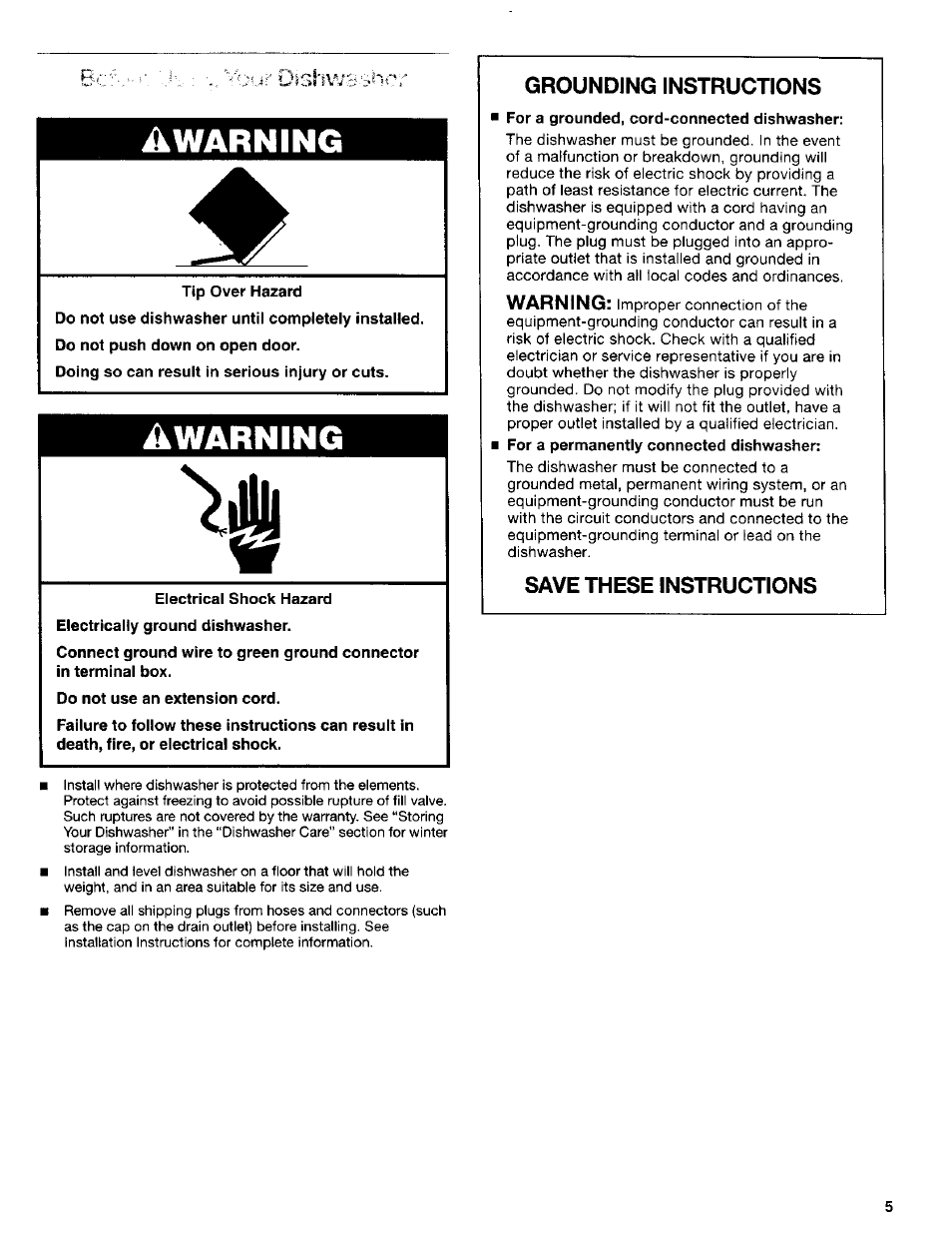 Tip over hazard, Electrical shock hazard, Do not use an extension cord | Warning, Grounding instructions, Save these instructions | Kenmore 665.15622 User Manual | Page 5 / 19