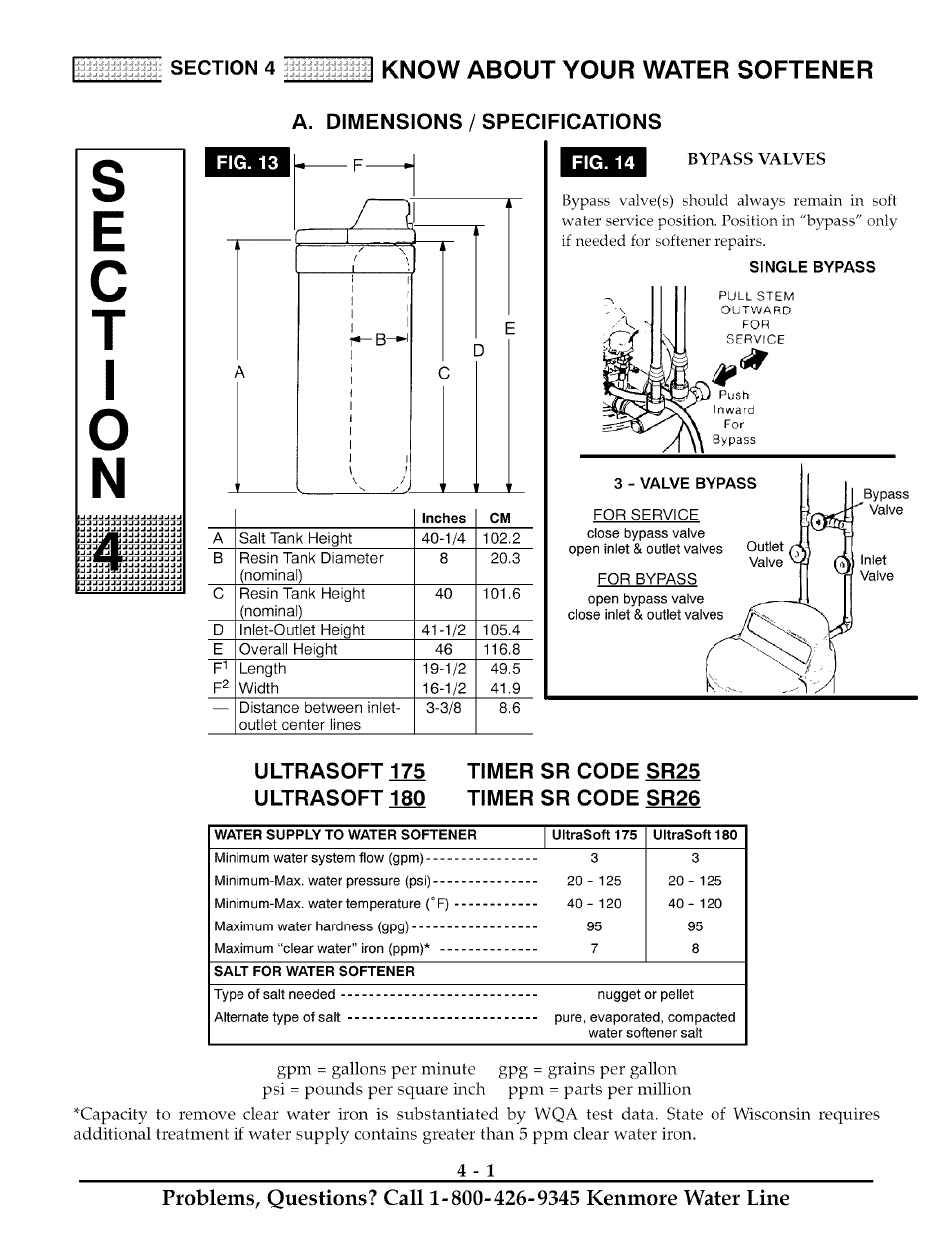 Fig. 13, A. dimensions / specifications, Fig. 14 | Timer sr code sr25 timer sr code sr26, Sc t, Know about your water softener | Kenmore ULTRASOFT 625.38818 User Manual | Page 18 / 32