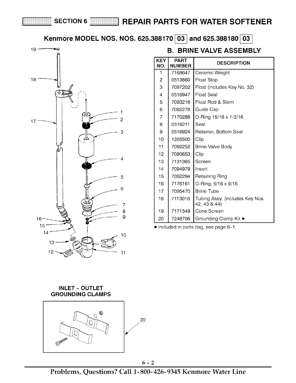 B. brine valve assembly, Inlet - outlet grounding clamps, Brine valve assembly -2 | 6repair parts for water softener | Kenmore ULTRASOFT 625.38818 User Manual | Page 29 / 32
