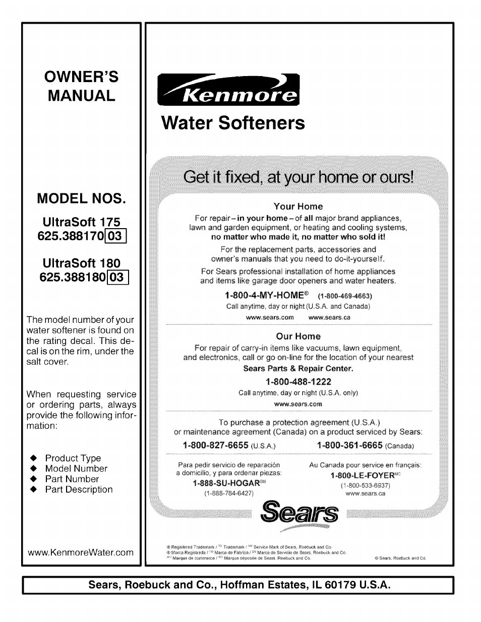 Water softeners, Manual, Get it fixed, at your home or ours | Model nos, Rewate r | Kenmore ULTRASOFT 625.38818 User Manual | Page 32 / 32