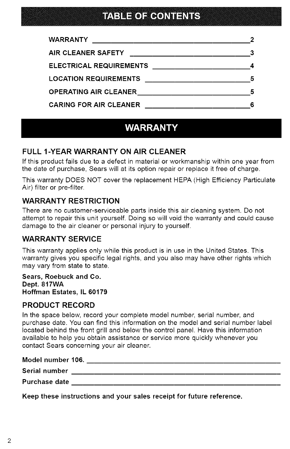 Kenmore TRUE HEPA 106.832 User Manual | Page 2 / 9