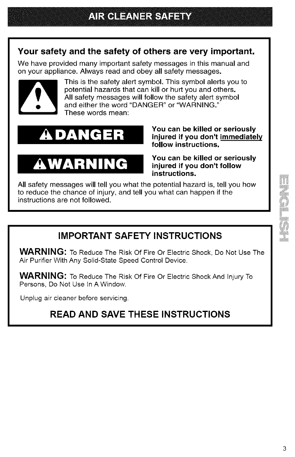 Important safety instructions, Read and save these instructions, Adanger awarning | Important safety instructions warning, Warning | Kenmore TRUE HEPA 106.832 User Manual | Page 3 / 9