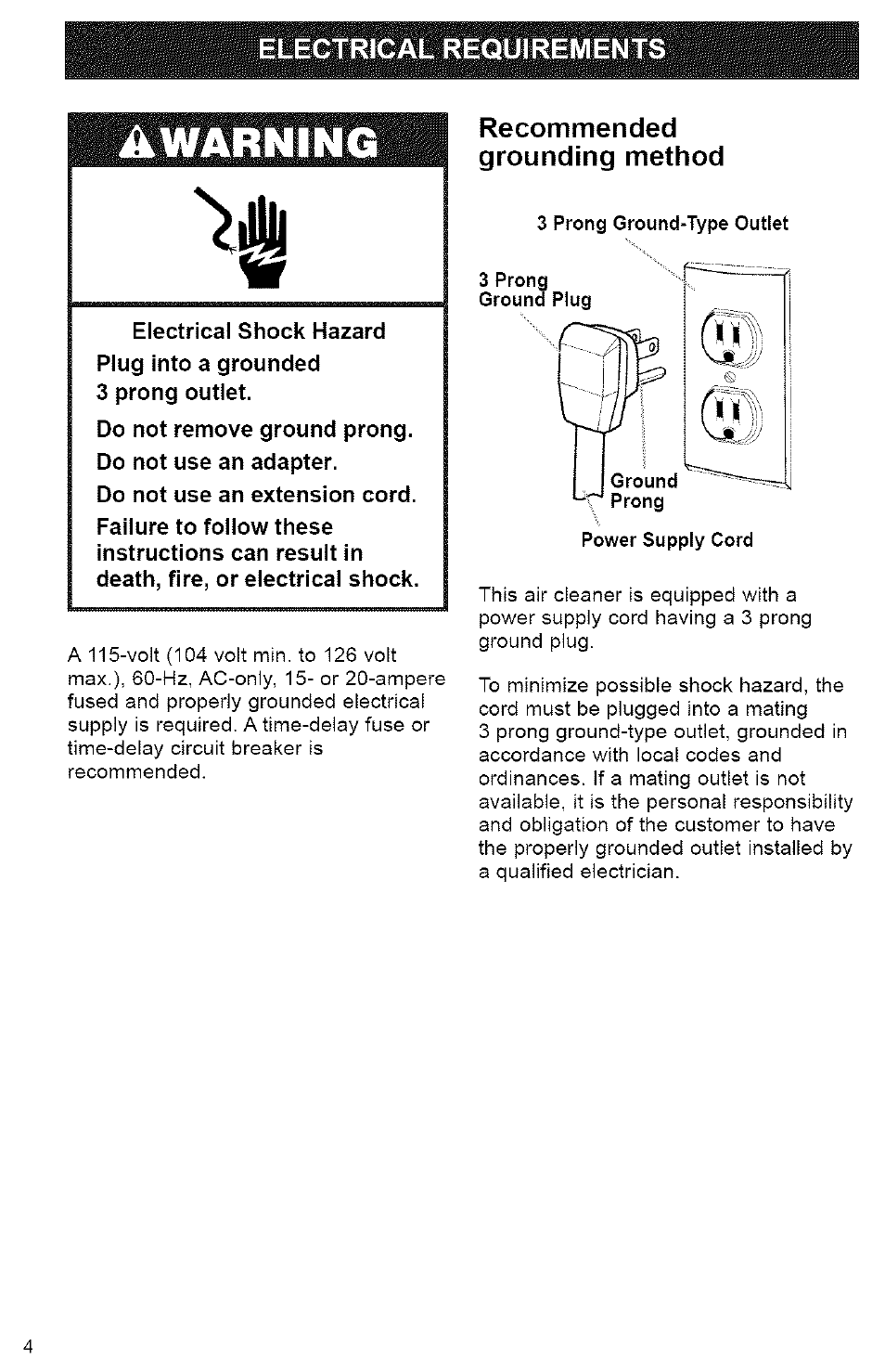 Recommended grounding method, Electrical requirements | Kenmore TRUE HEPA 106.832 User Manual | Page 4 / 9