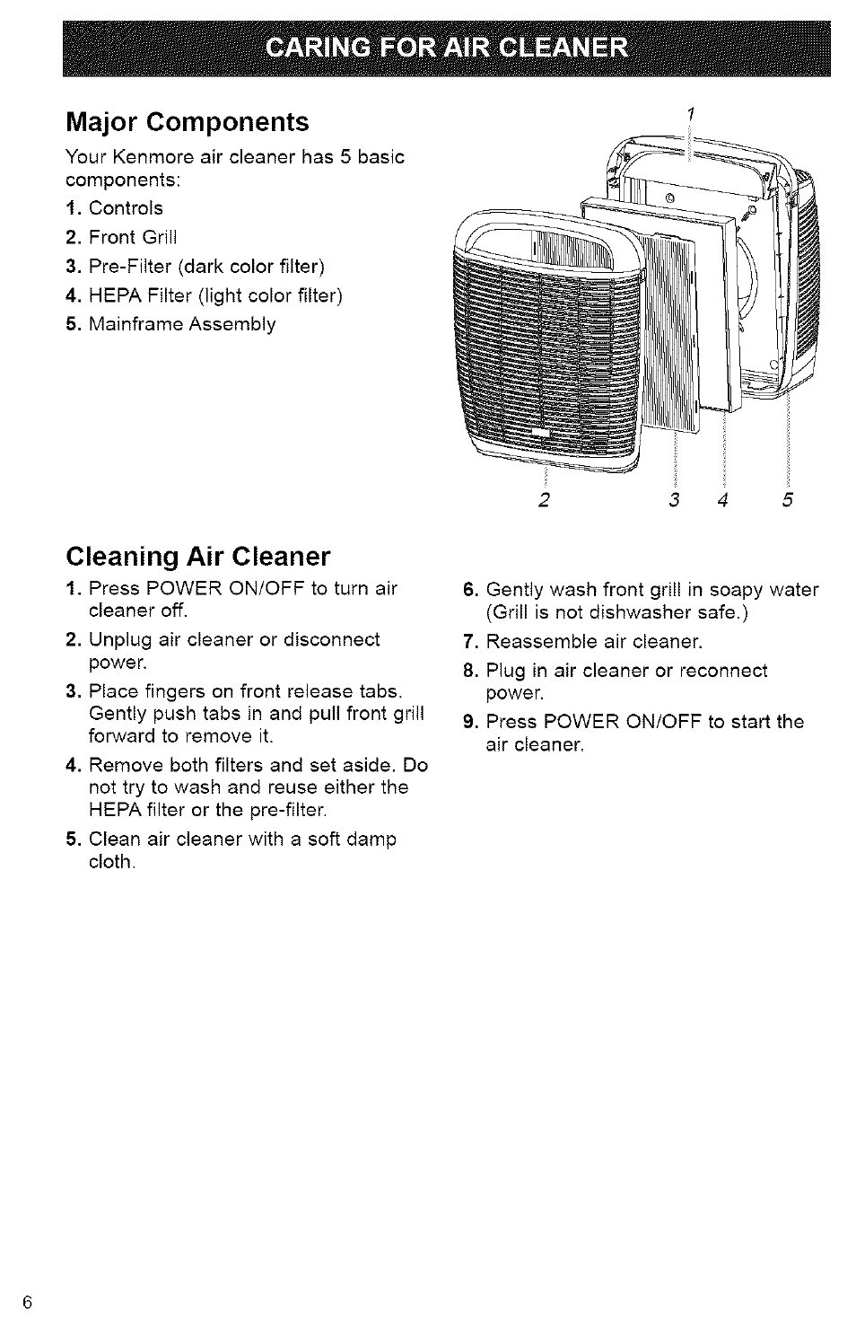 Major components, Cleaning air cleaner, Caring for air cleaner major components | Kenmore TRUE HEPA 106.832 User Manual | Page 6 / 9