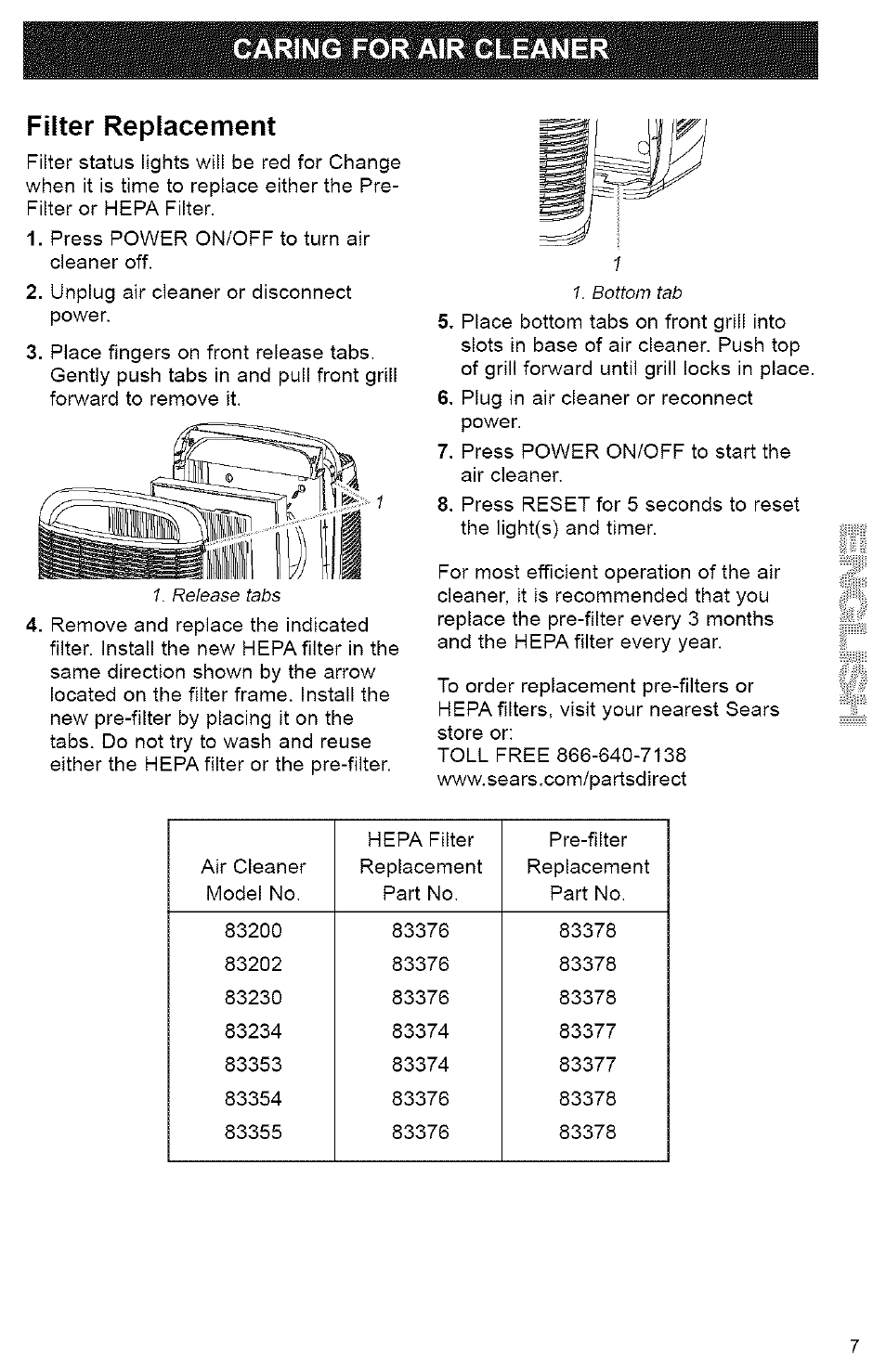 Filter replacement, Caring for air cleaner filter replacement | Kenmore TRUE HEPA 106.832 User Manual | Page 7 / 9