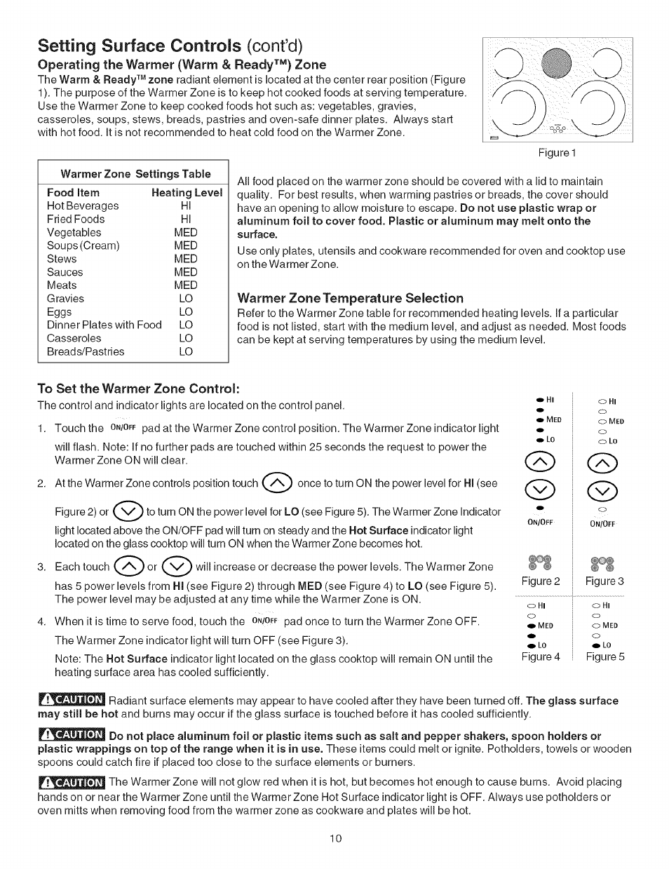 Operating the warmer (warm & ready^“) zone, Warmer zone temperature selection, To set the warmer zone control | Setting surface controls (confd), Cs) c | Kenmore ELECTRIC RANGE 790.4660 User Manual | Page 10 / 44