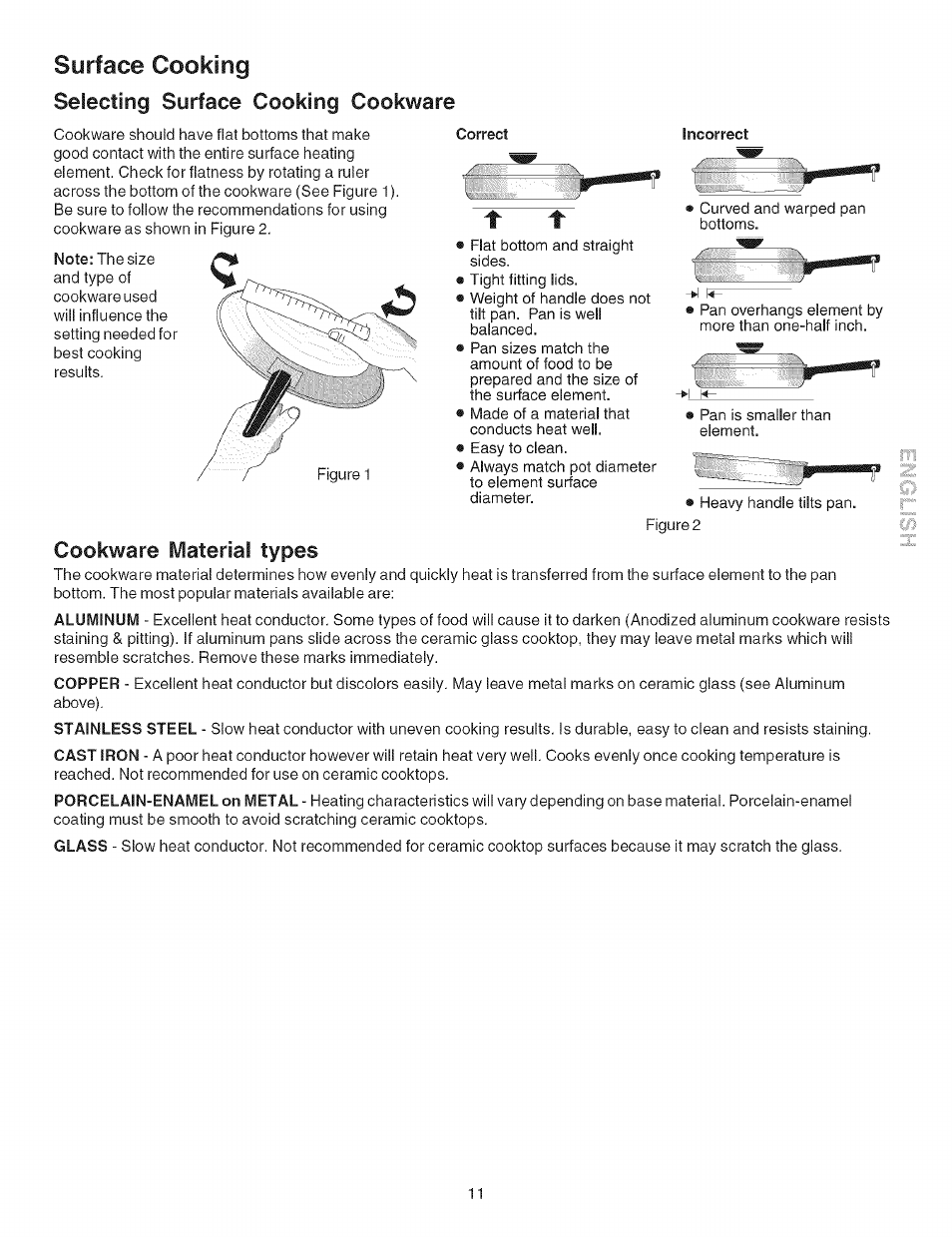 Surface cooking, Cookware material types, Selecting surface cooking cookware | Kenmore ELECTRIC RANGE 790.4660 User Manual | Page 11 / 44