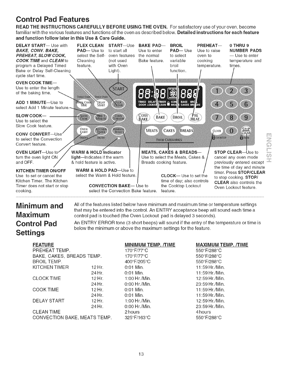 Control pad features, Minimum, Maximum control pad settings | Kenmore ELECTRIC RANGE 790.4660 User Manual | Page 13 / 44