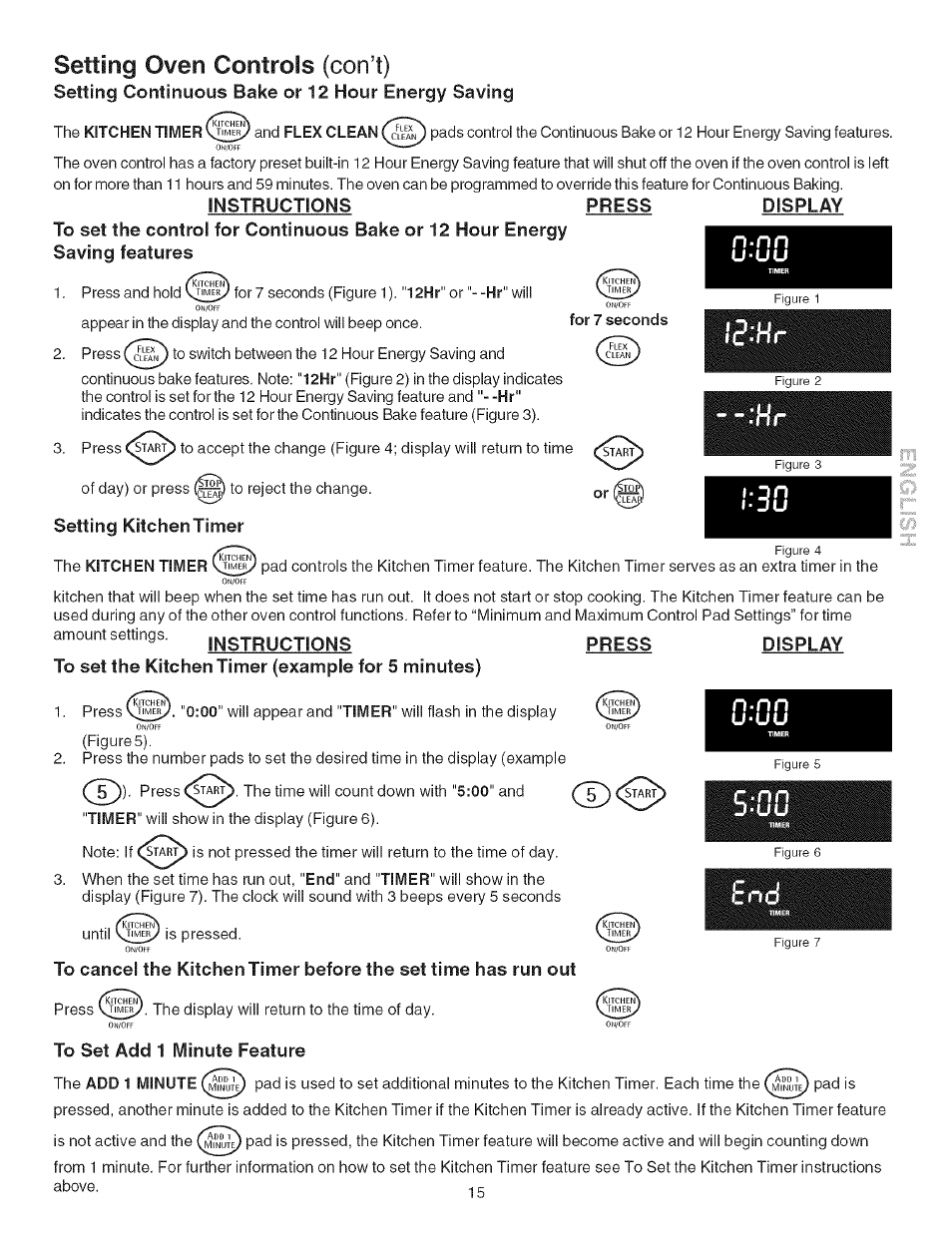 Instructions, Press, Display | Setting kitchentimer, To set add 1 minute feature, N-nn, Llli, Setting oven controls (con’t), Setting continuous bake or 12 hour energy saving | Kenmore ELECTRIC RANGE 790.4660 User Manual | Page 15 / 44