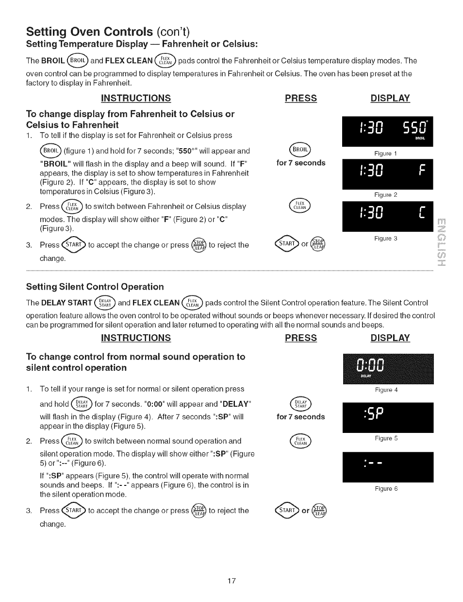 Instructions, Press, Display | Setting silent control operation, Instructions press display, Uu u, On lou 550, Ri-ju, Setting oven controls (con’t) | Kenmore ELECTRIC RANGE 790.4660 User Manual | Page 17 / 44