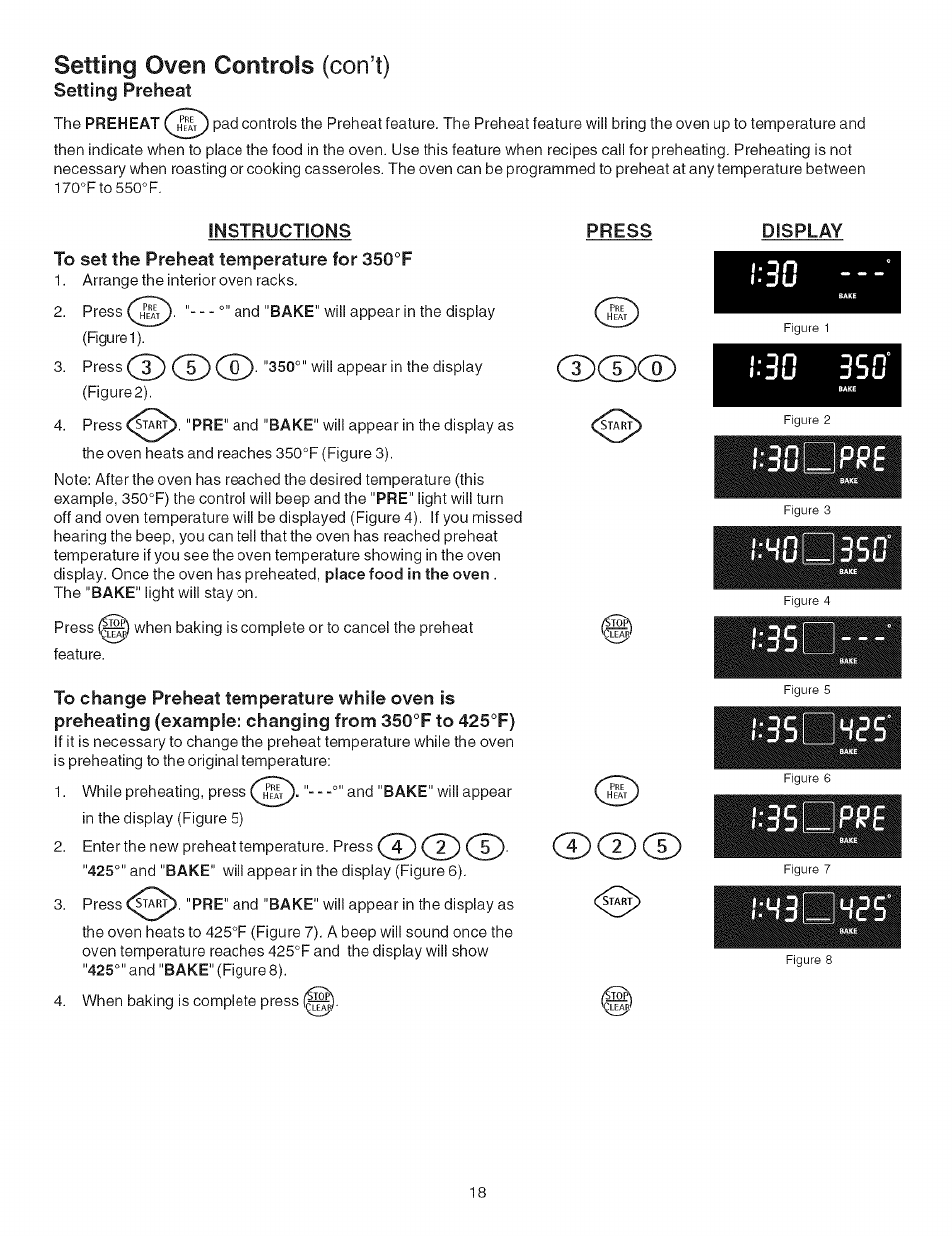 Instructions, To set the preheat temperature for 350“f, Press | Display, Cd cd, Cd cd cd, Cdcdcd cd cd cd, Setting oven controls (con’t) | Kenmore ELECTRIC RANGE 790.4660 User Manual | Page 18 / 44