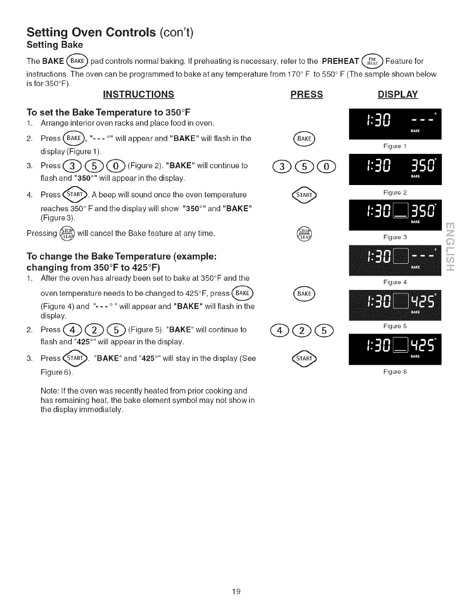 Instructions, To set the bake temperature to 350°f, T) cd cd | Iilliiill, Setting oven controls (con’t) | Kenmore ELECTRIC RANGE 790.4660 User Manual | Page 19 / 44