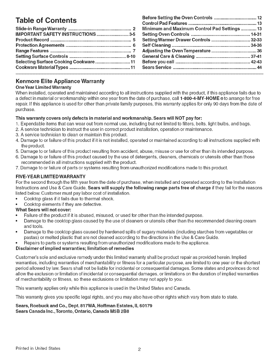 Kenmore ELECTRIC RANGE 790.4660 User Manual | Page 2 / 44