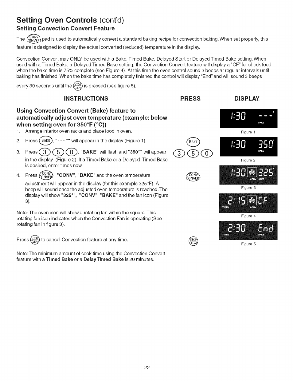 Instructions, Press, Display | Ilii, Setting oven controls (cont’d), E n d | Kenmore ELECTRIC RANGE 790.4660 User Manual | Page 22 / 44